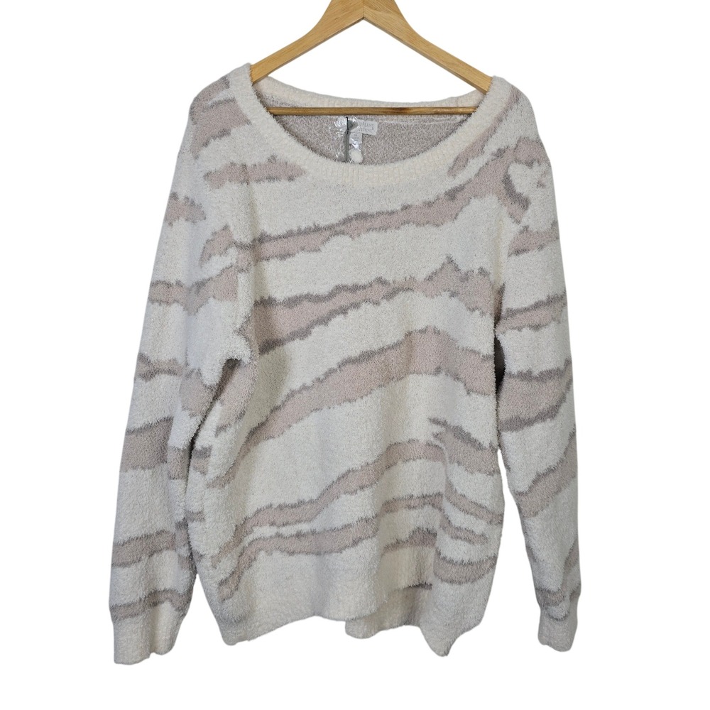 Barefoot Dreams CozyChic Seaside Crew Neck Pullover Cream Zebra 1X BDWCC1756